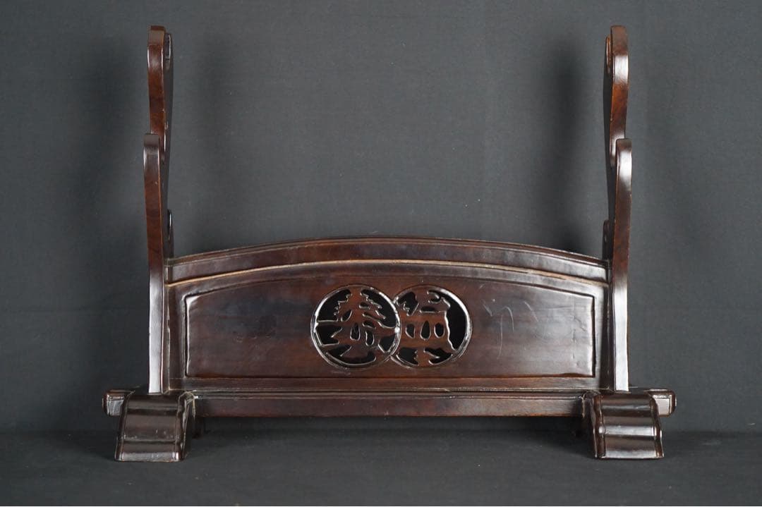 時代武具 木製 無垢材 鍔透かし 三振掛用 刀掛け 武具 刀装具