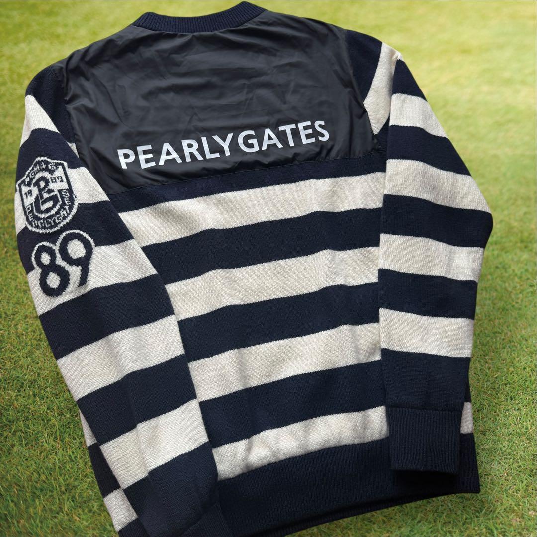 防寒　蓄熱　裏地付き　パーリーゲイツ　ニット　L〜XL相当　紺　白　ボーダー　5