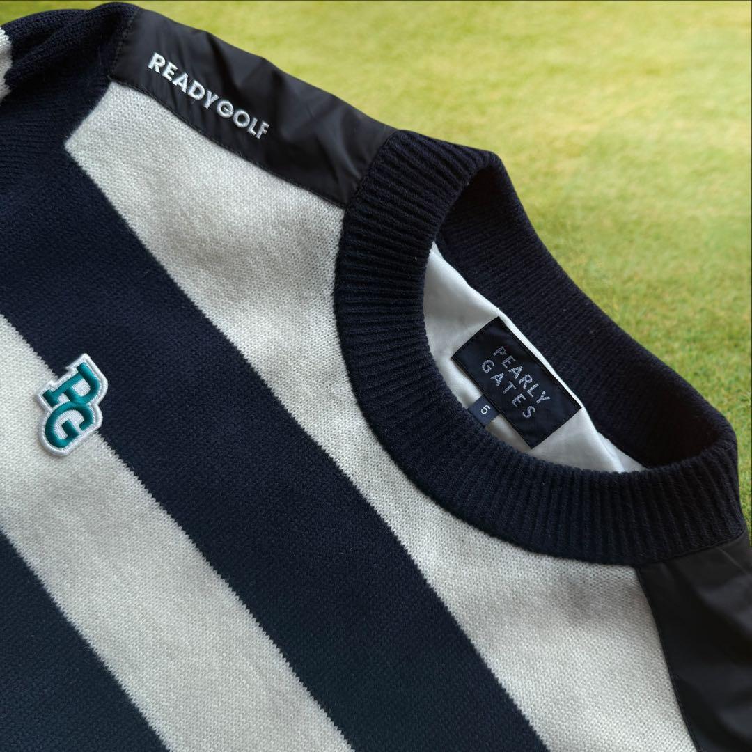 防寒　蓄熱　裏地付き　パーリーゲイツ　ニット　L〜XL相当　紺　白　ボーダー　5