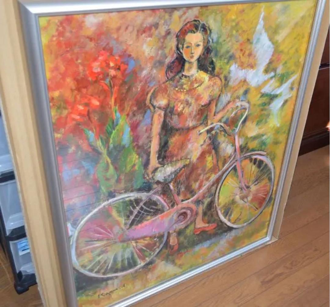 井上和久油彩画 自転車と少女