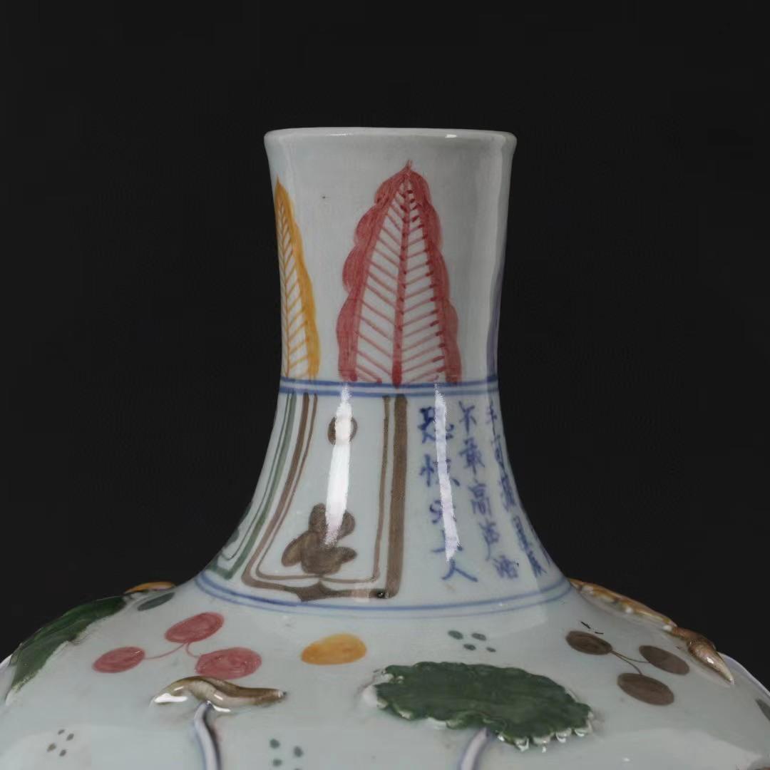 中国古美術✦浮雕・連年有余図・天球瓶30X23cm✦花瓶・文房具・純手描き・陶芸