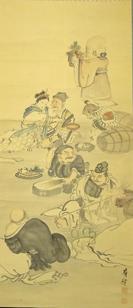 掛軸 有聲『七福神図』日本画 絹本 肉筆 箱付 掛け軸 p12252