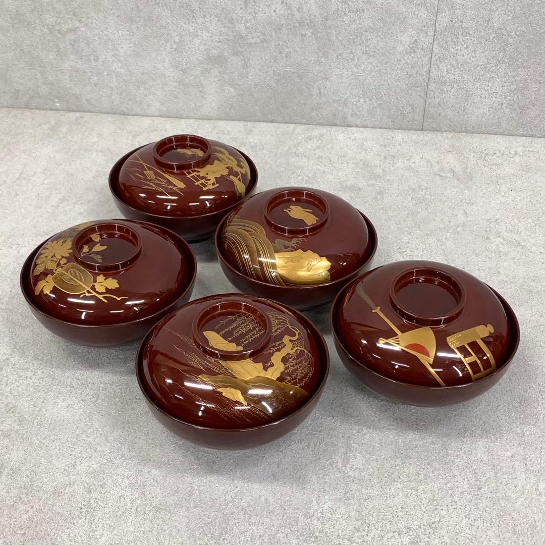 吸物椀 5客 絵変わり 塗り 溜絵 正月 賀正 金彩 汁椀 雑 D