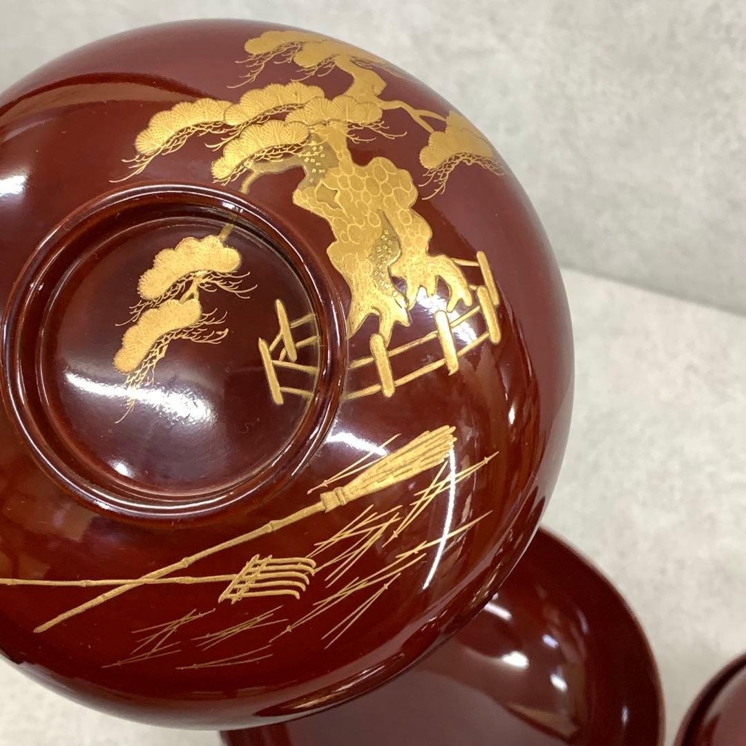 吸物椀 5客 絵変わり 塗り 溜絵 正月 賀正 金彩 汁椀 雑 D