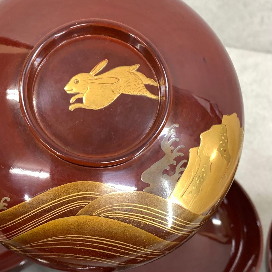 吸物椀 5客 絵変わり 塗り 溜絵 正月 賀正 金彩 汁椀 雑 D