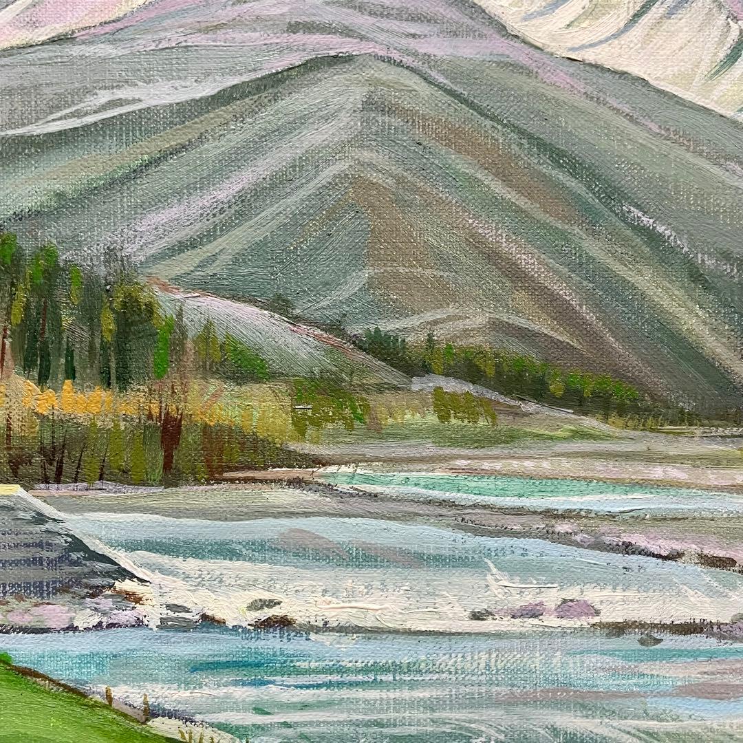 油彩画 :雪解けの春　山と川の風景＊絵画　原画　油絵　風景画　冬