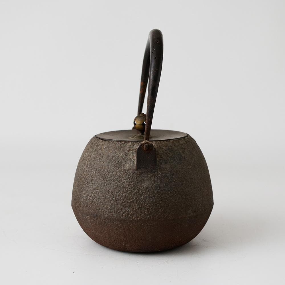 時代年代物 白肌 砂肌 平宝珠形 平丸形 鉄瓶 唐銅蓋クチナシ摘 提手に虫食い