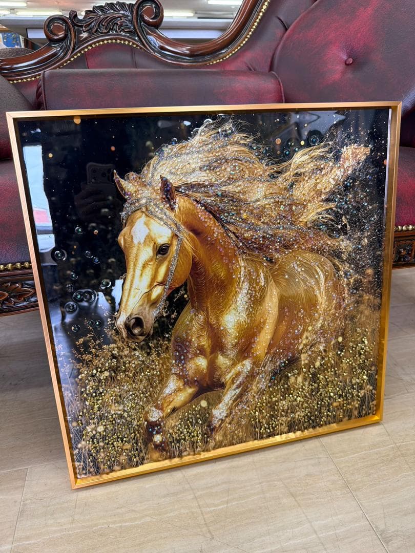 アートパネル　馬　ゴールド　水晶絵　キラキラ　金運　絵　額縁　壁掛け　アート