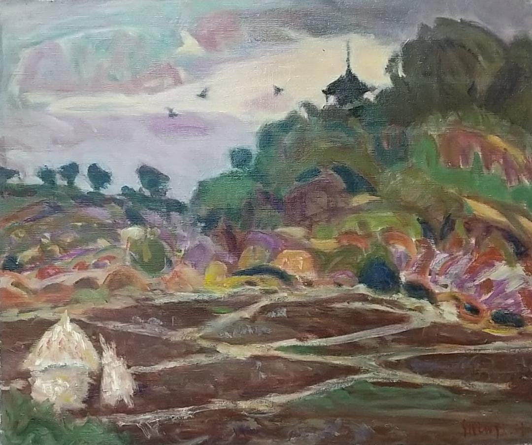 油絵「里」さと 1975 F8 油彩画 絵画 風景画 アート