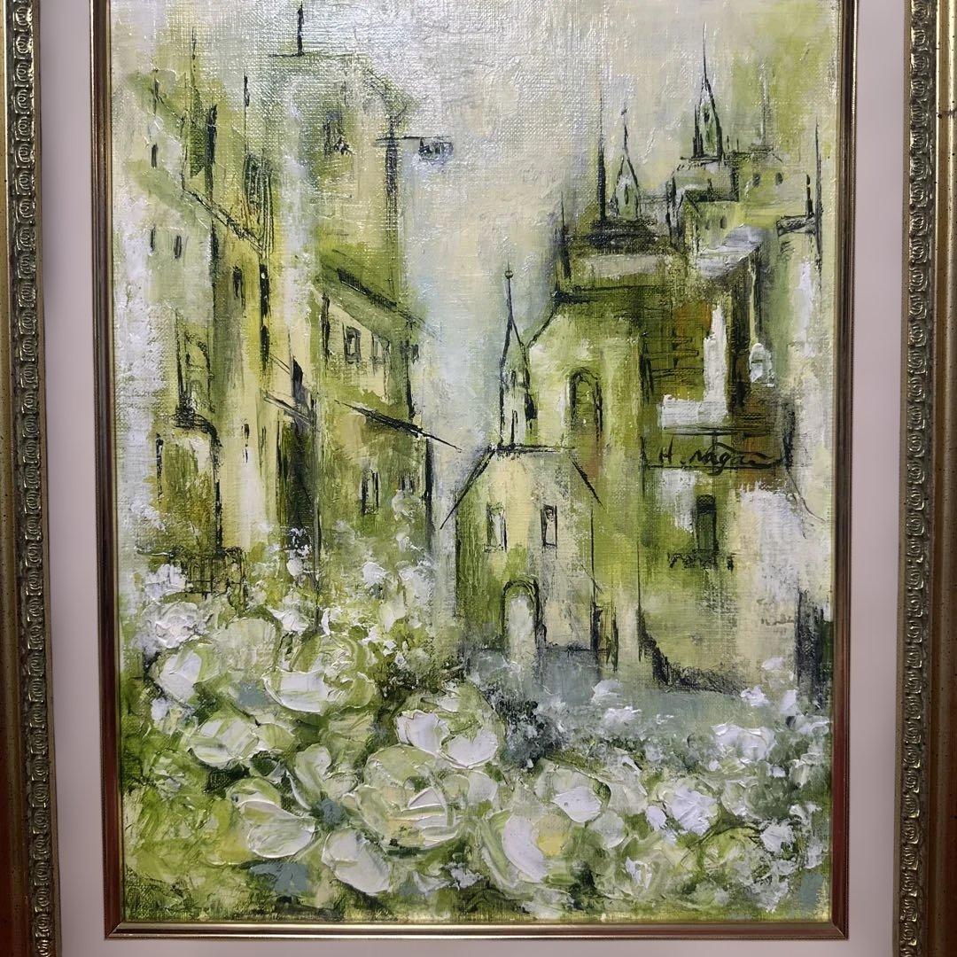 ブ*リ様 セピア色　油彩画　永井弘子　街角の白いバラ　絵画　真作　肉筆　美術品