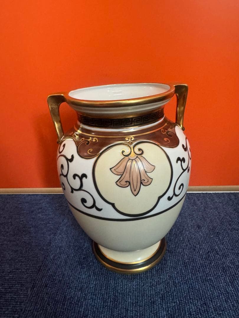 1842 オールドノリタケ　双耳花紋花瓶  時代物