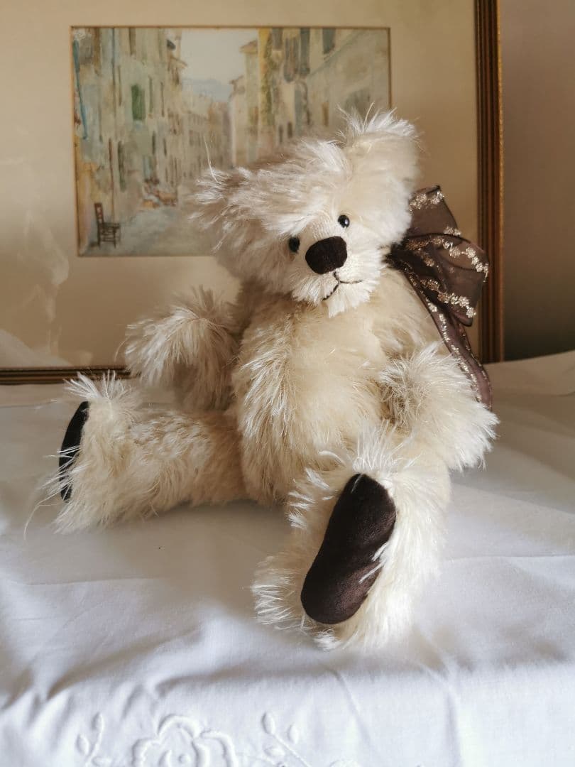 人形作家様ハンドメイド✃ヴィンテージ 毛足の長いテディベア 長髪モヘア金糸リボン