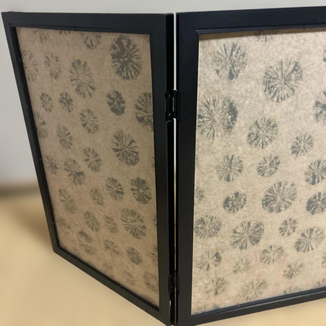 茶道具　　百人一首　風炉先屏風　金地　折りたたみ　花　三曲　15号　黒縁