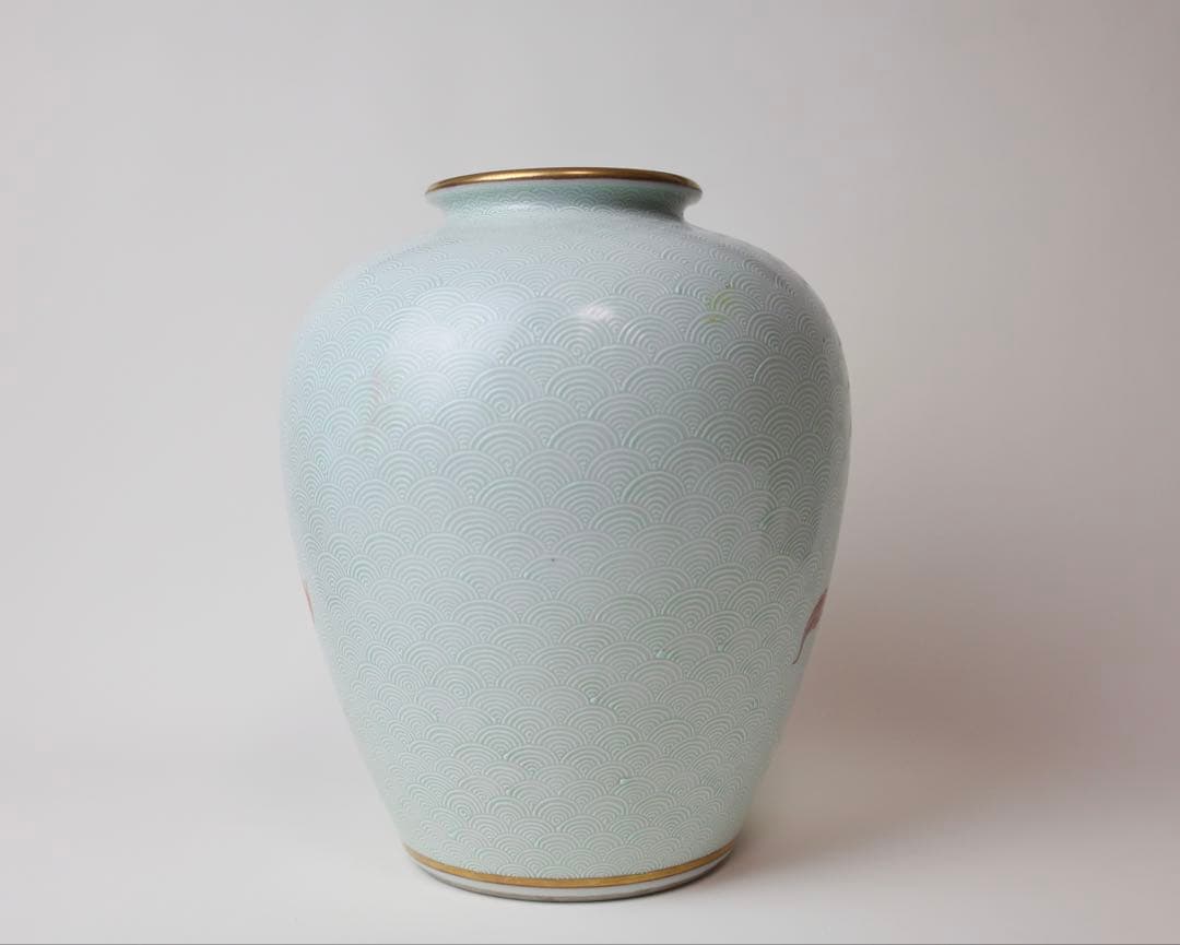 九谷焼 榮山 青海波 赤絵 龍 辰 花瓶 茶道具