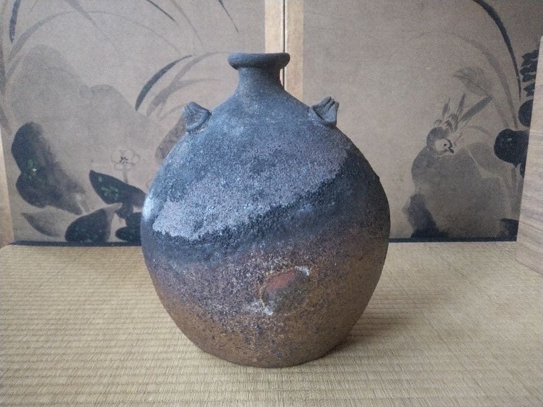 備前焼　森陶山作　扁壺　個展出品作　飾り壺　花器　骨董　日展作家　佳品