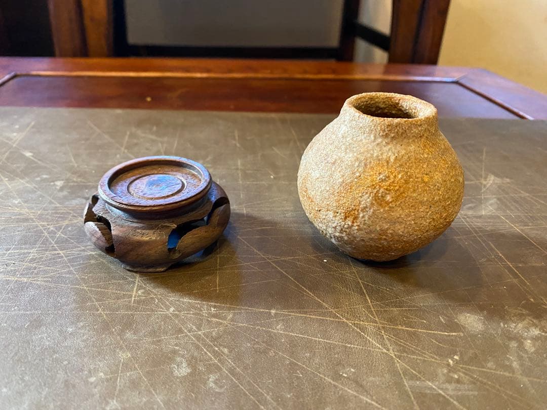 ミニ薪窯鉢　鑑賞台付　３種セット　　ヴィンテージ　一輪挿し　観葉植物　　茶器小物