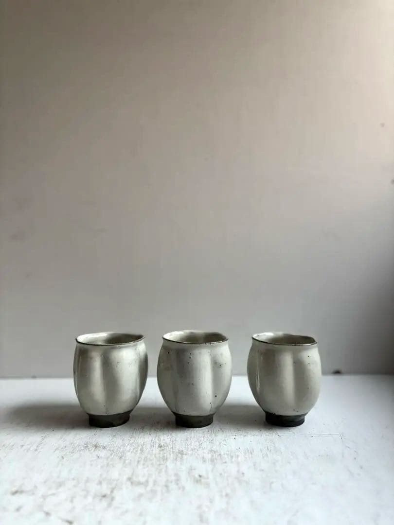 777 民芸 民陶 唐津焼 中里隆 粉引 瓜型湯呑み 3点組 美品