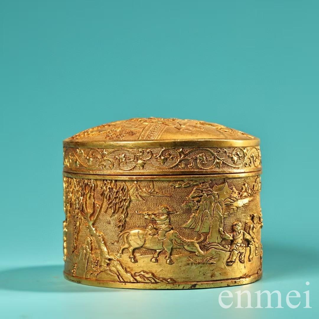 中国古美術・珍品旧蔵の高浮彫鎏金錾彫刻花「百子図」・装飾箱・果物箱・文房・純銅製