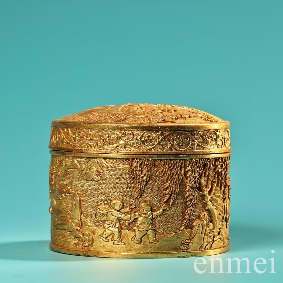 中国古美術・珍品旧蔵の高浮彫鎏金錾彫刻花「百子図」・装飾箱・果物箱・文房・純銅製