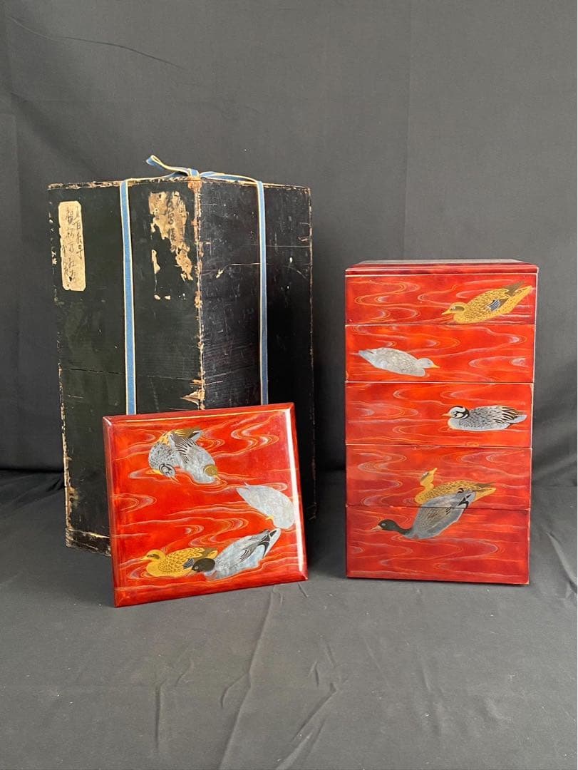 時代漆器 金銀 鴨蒔絵 紅溜 五段重箱 二枚蓋 共箱 木製 / 輪島塗