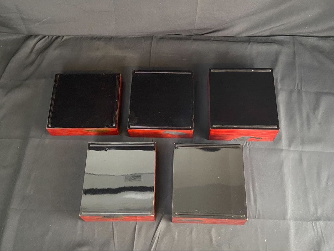 時代漆器 金銀 鴨蒔絵 紅溜 五段重箱 二枚蓋 共箱 木製 / 輪島塗