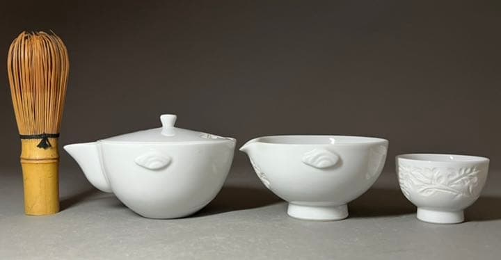 【エビス】急須 湯冷まし 茶碗 出石焼 小嶋昇山造 盈進舎 白磁 煎茶道具 共箱