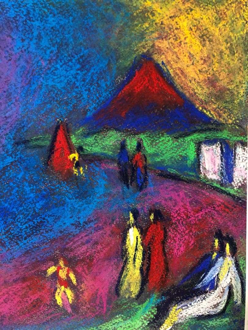 絵画 額装 パステル画 小島遊之作 富士山が見える海辺 箱付