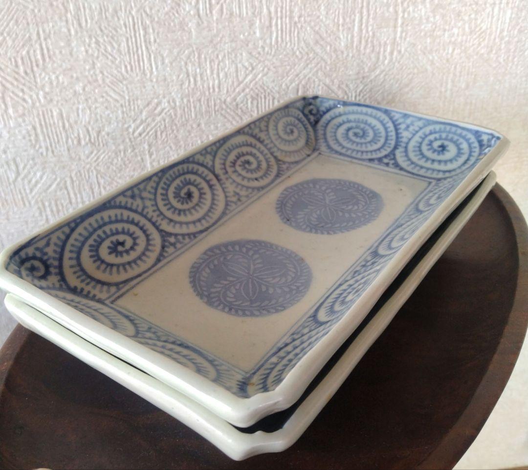 古伊万里切込焼蛸唐草長皿二客