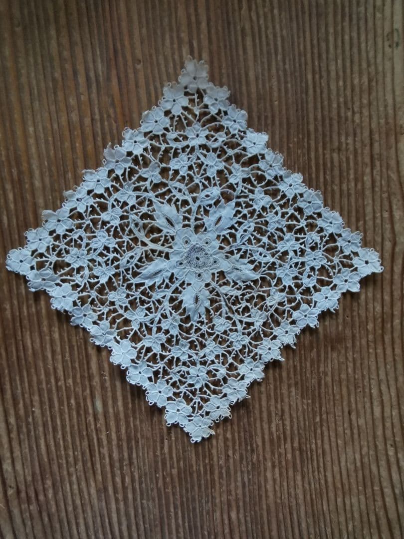 1800年代 キャリックマクロスレース精緻なカットワーク&ニードル刺繍 三つ葉花