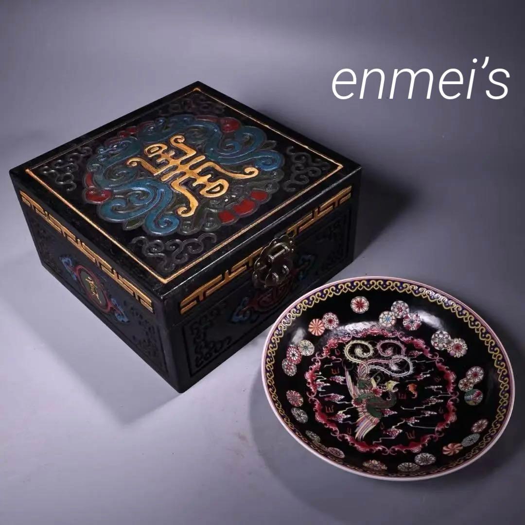 中国古美術・珍蔵粉彩・瑞獣鳳凰絵磁器の中皿・純手描き・箱付・置物・文房具・観賞皿