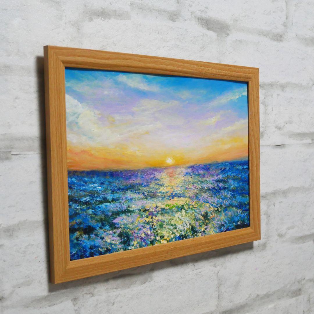 油絵 油彩 油彩画 絵 絵画【夕日に輝くネモフィラ】