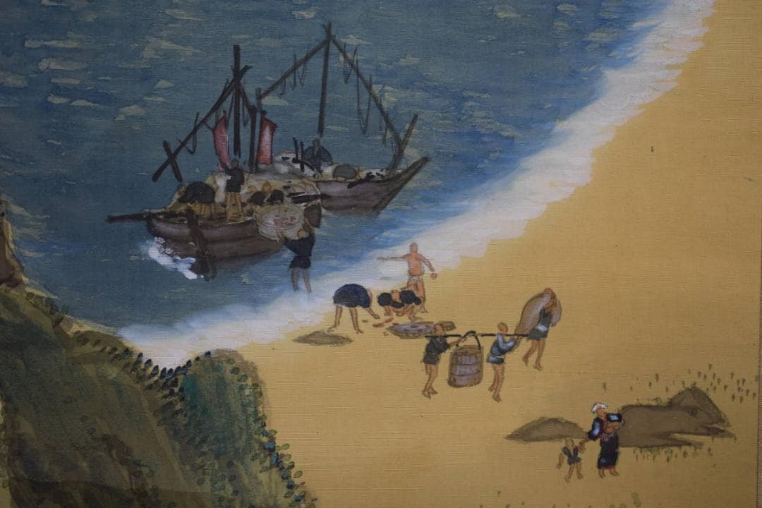 真作/春城/海辺船人物図/布袋屋掛軸HF-751