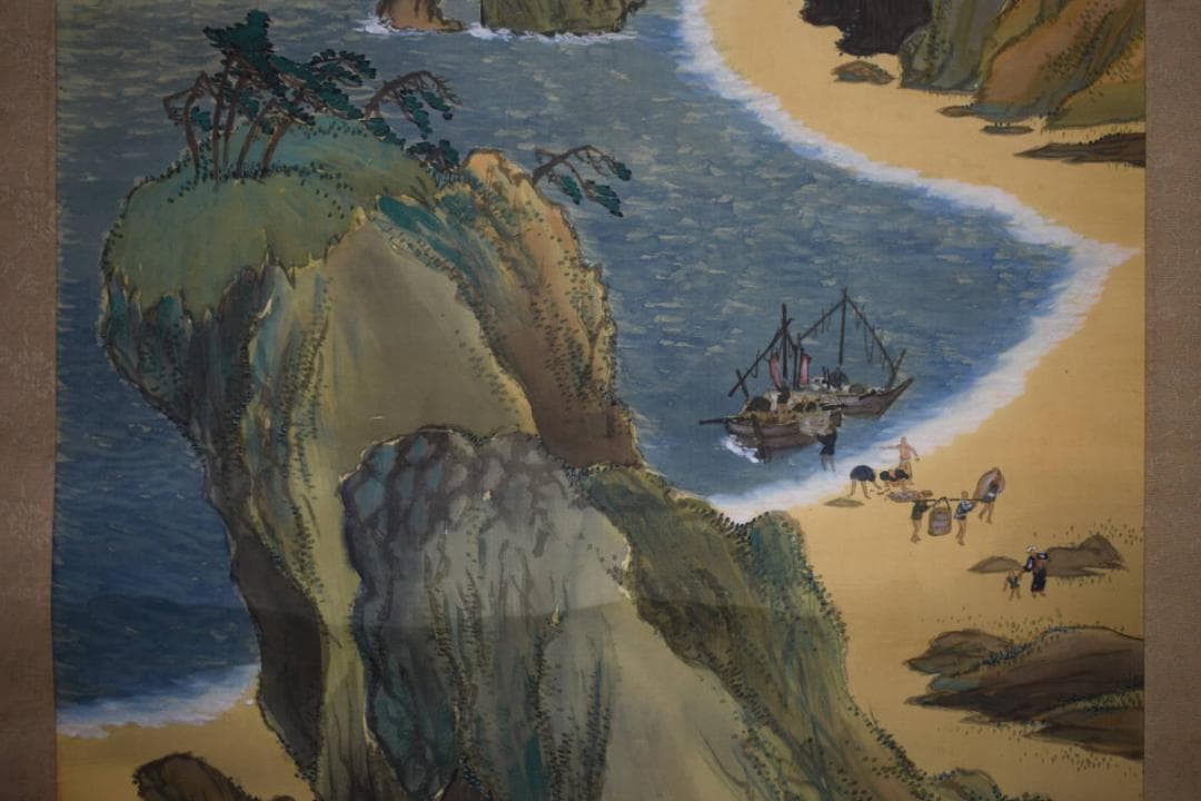 真作/春城/海辺船人物図/布袋屋掛軸HF-751