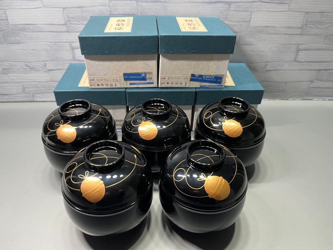 越前塗　黒鈴椀　金蒔絵　五客　天然木　本漆手塗　未使用品　三越販売