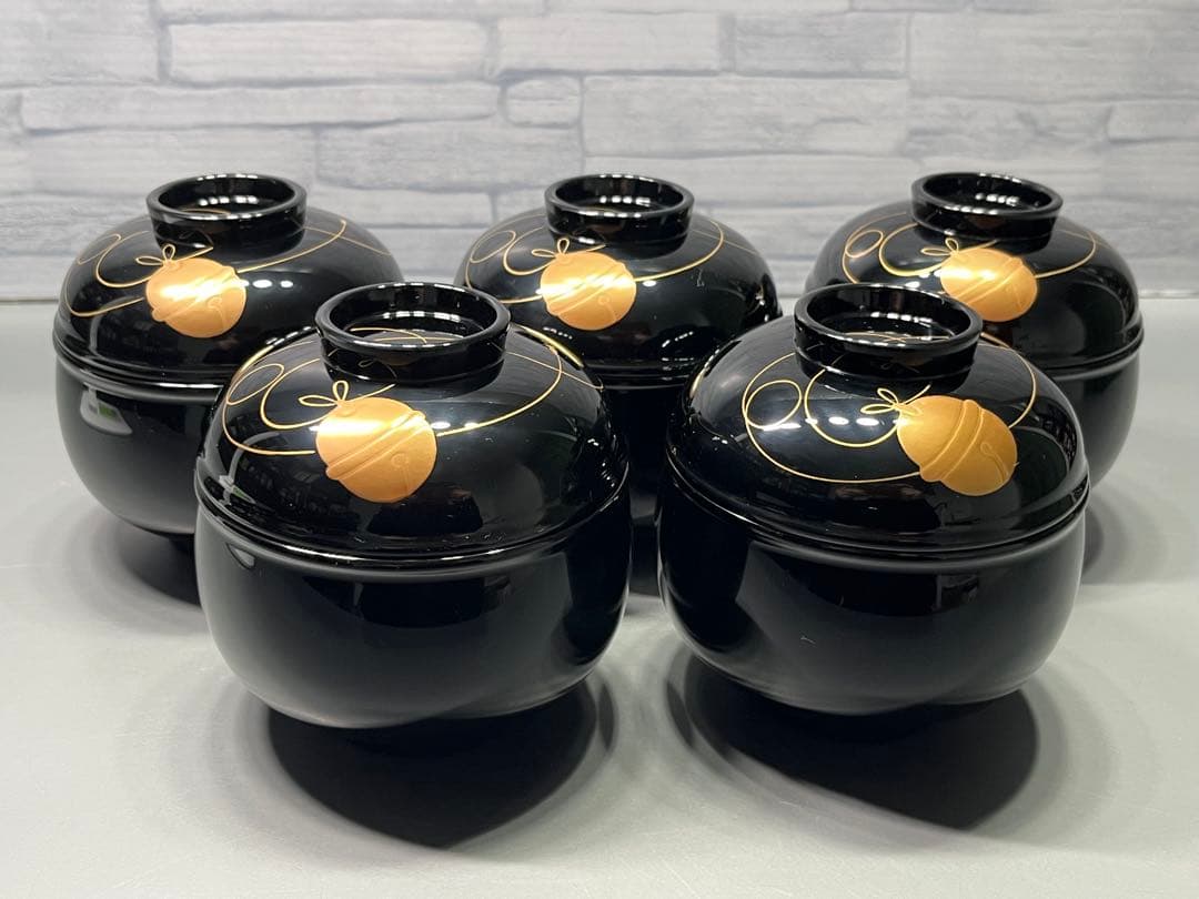 越前塗　黒鈴椀　金蒔絵　五客　天然木　本漆手塗　未使用品　三越販売