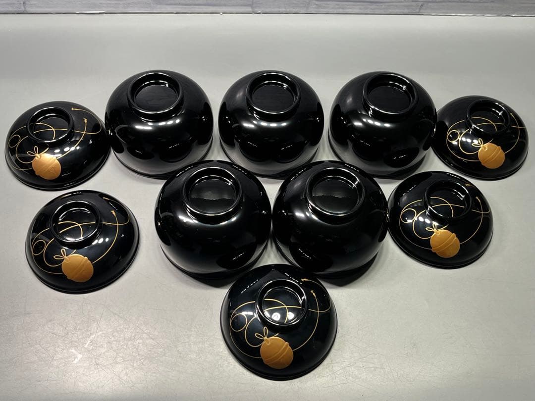 越前塗　黒鈴椀　金蒔絵　五客　天然木　本漆手塗　未使用品　三越販売