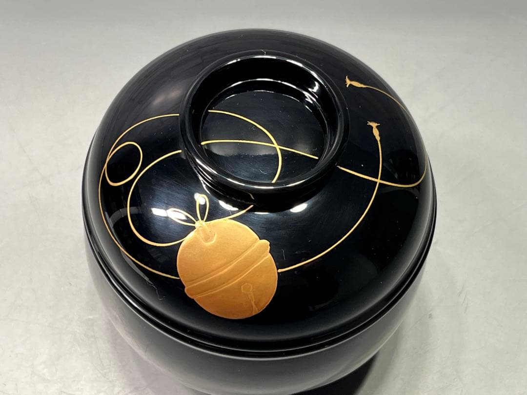 越前塗　黒鈴椀　金蒔絵　五客　天然木　本漆手塗　未使用品　三越販売