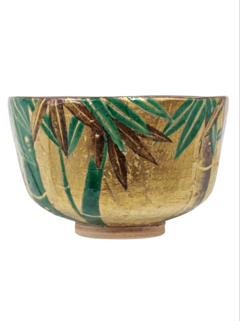 ぴろ【南口閑粋】『乾山写 金泥 竹 茶碗』底部在印 桐共箱 共布 栞 外箱