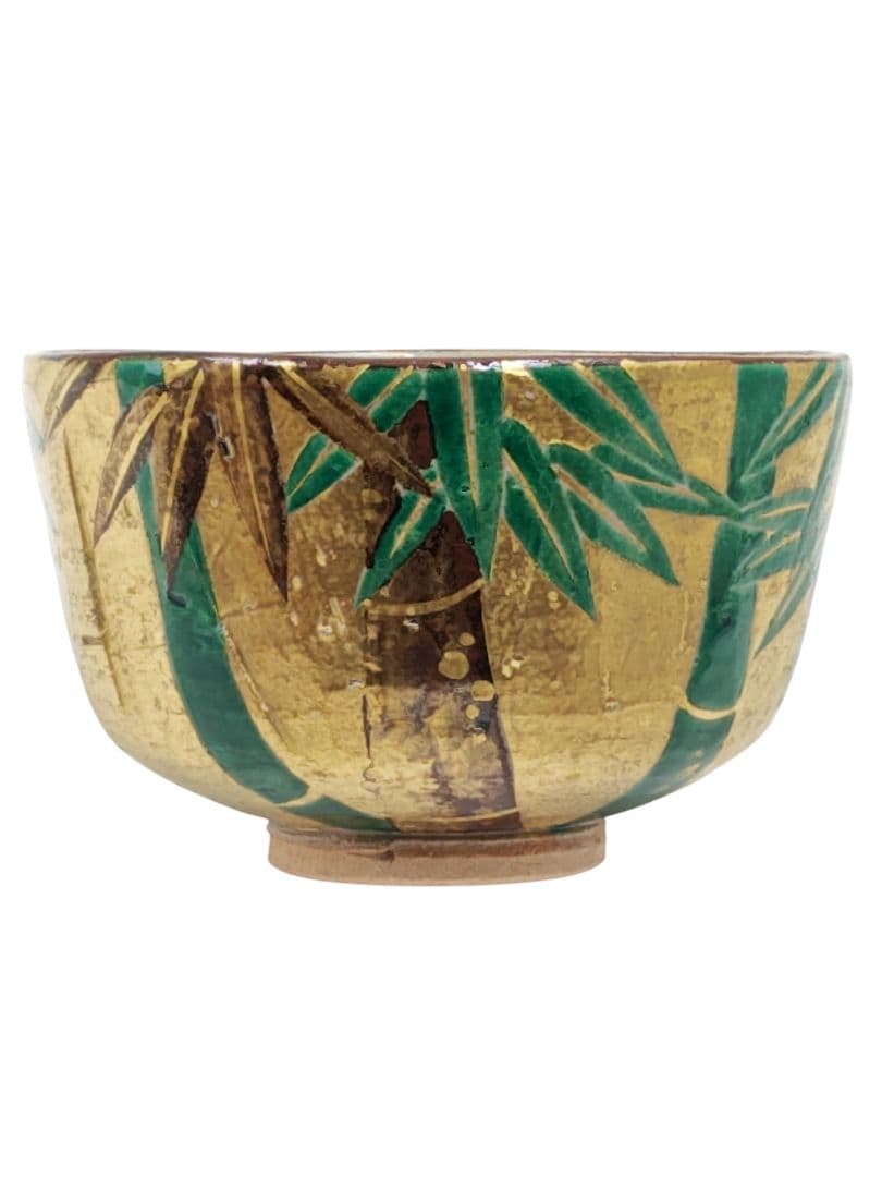 ぴろ【南口閑粋】『乾山写 金泥 竹 茶碗』底部在印 桐共箱 共布 栞 外箱