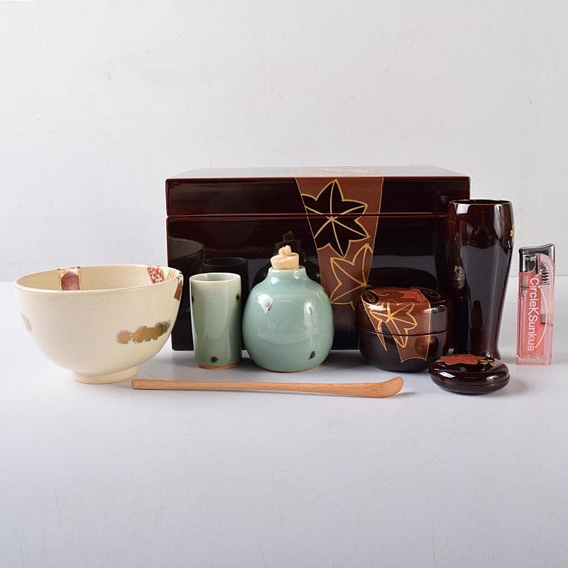 茶道具　利休茶箱　京焼　川添寿楽造　茶碗　飛青磁振出など　九点一式　VR8704