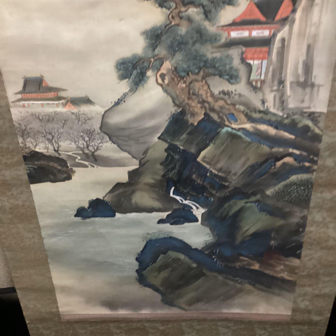 橋本雅邦筆【絹本、楼閣山水図　着色画】岩絵具使用【橋本秀邦　鑑識箱】模写NO92