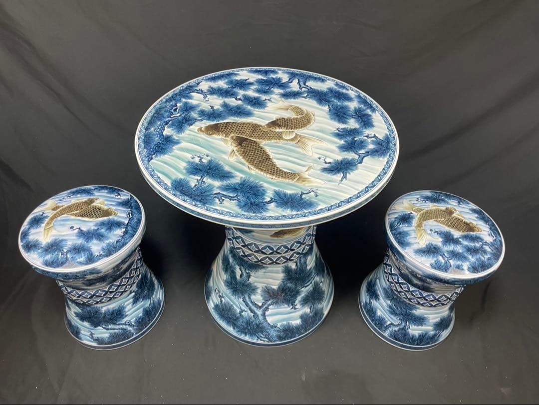 超希少 極上 有田焼 手描き 遊鯉紋 テーブル スツール 椅子 机