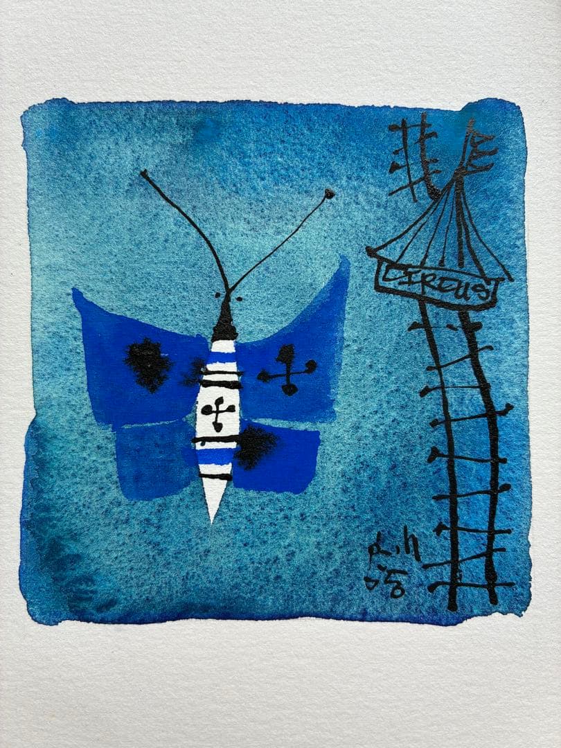 早川義孝 蝶 ブルー 原画 額付き