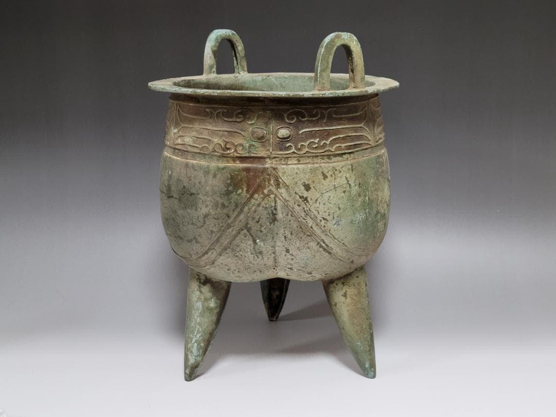 古青銅造 三足両耳 香炉 春秋戦国漢時代 高さ約31.5cm