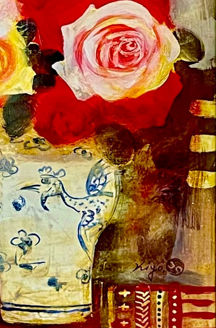 清原啓一　真作「李朝壺の薔薇」 油彩6号　サイン　裏面に題名・署名　格調高い名品