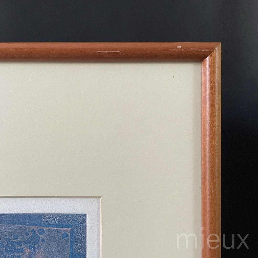 ガラス内側清掃済：広田釗子「花（青×銀）」EA版 エッチング 額付 サイン入り