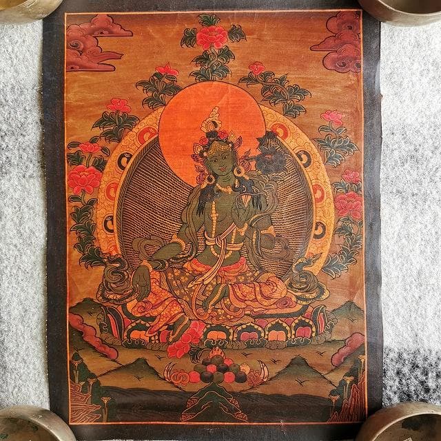 グリーンターラー　観音様の涙の化身・緑多羅菩薩：　タンカ　仏画（額縁なし）