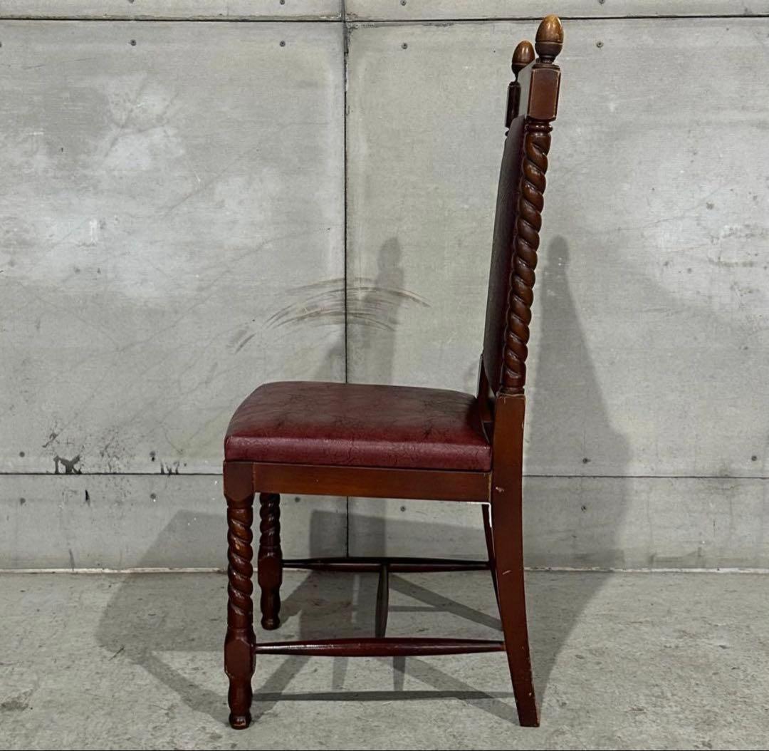 ✦バロック調✦アンティークチェア 木製 ツイスト脚 ワインレッド 鉄鋲 合皮張り