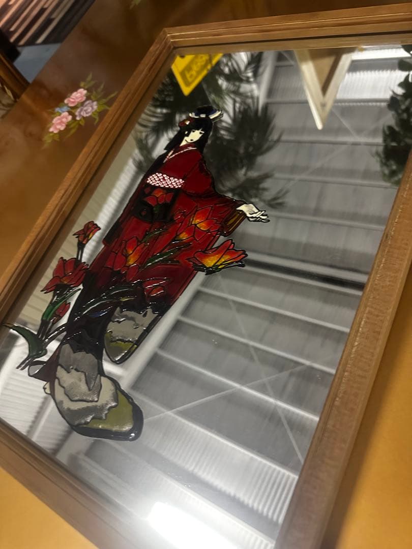 女性の着物イラスト 木製フレーム 鏡