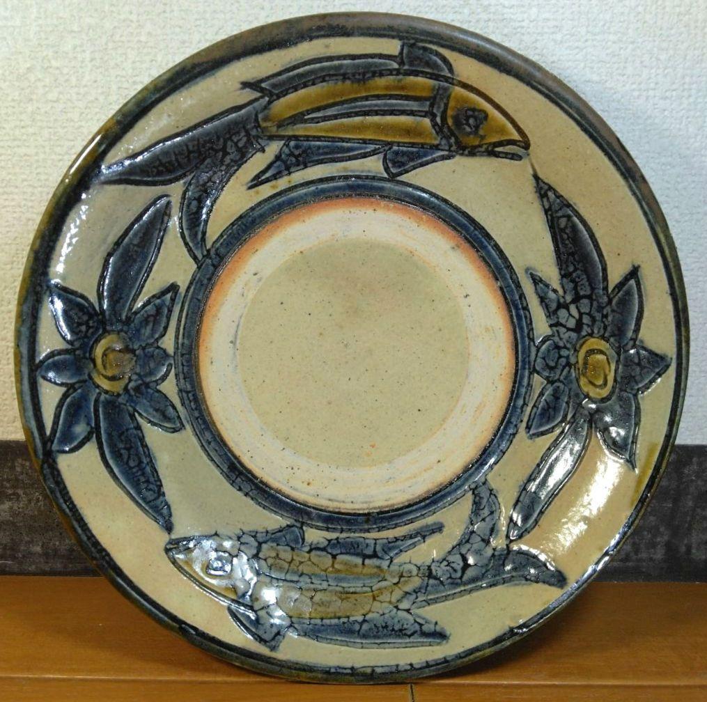 人間国宝 金城次郎 八寸皿 栞 共箱 美品 壺屋焼 壷屋焼 魚紋花文皿 やちむん